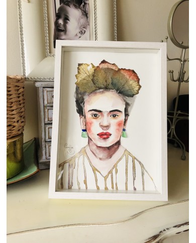 Ilustración pintada con acuarela, hojas y cristal marino