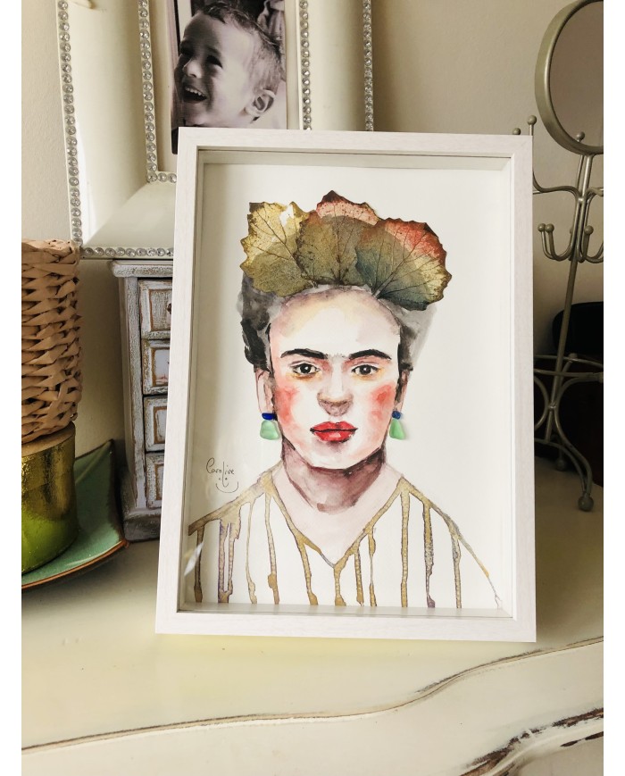 Ilustración pintada con acuarela, hojas y cristal marino