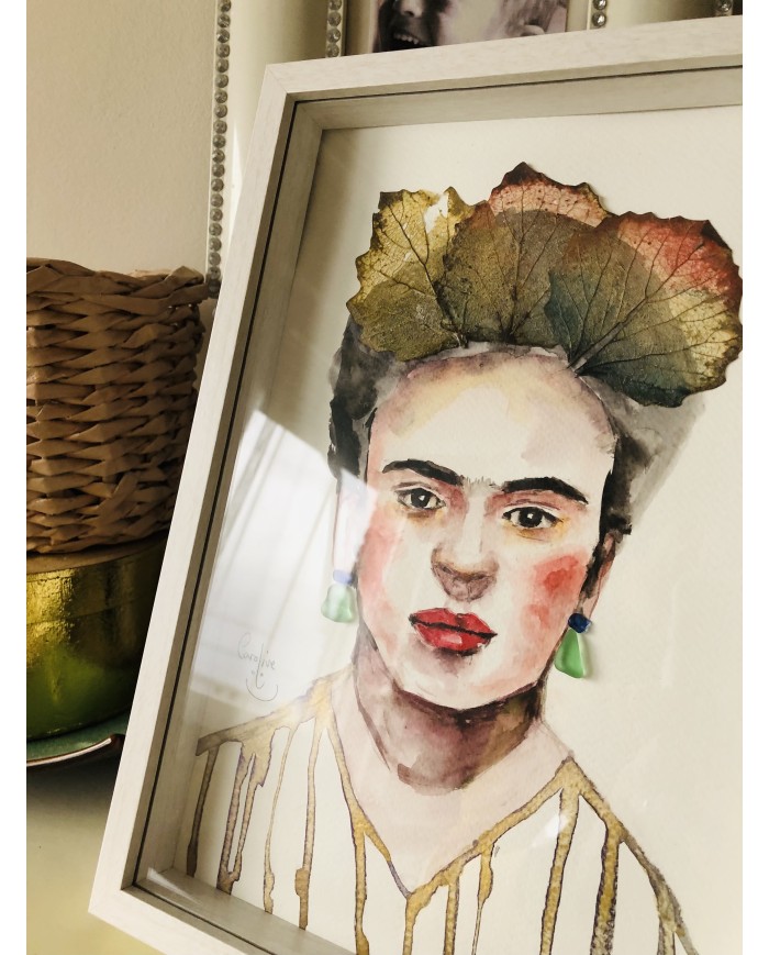 Ilustración pintada con acuarela, hojas y cristal marino