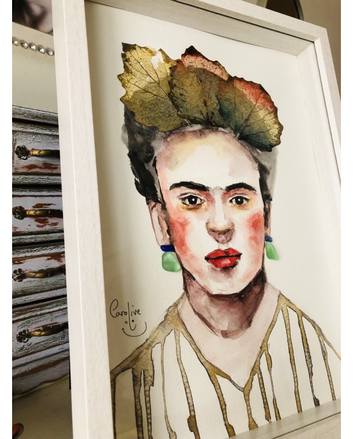 Ilustración pintada con acuarela, hojas y cristal marino