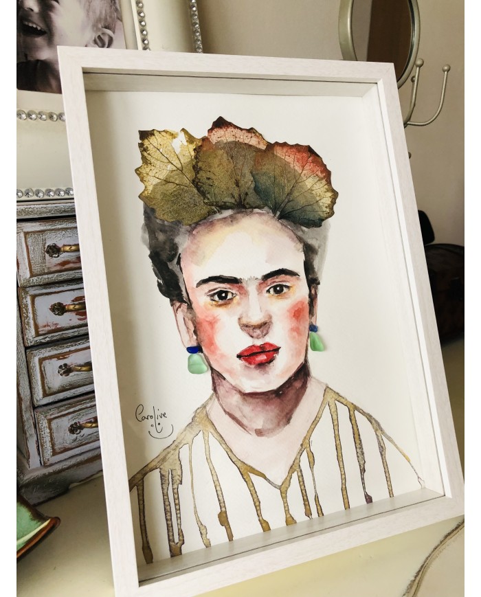 Ilustración pintada con acuarela, hojas y cristal marino