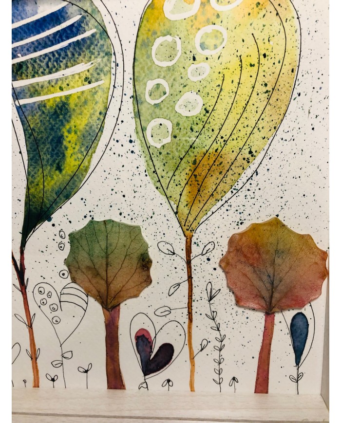 Ilustración pintada a mano con hoja natural