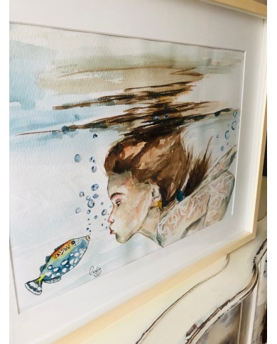 Ilustración pintada con acuarela y cristal marino