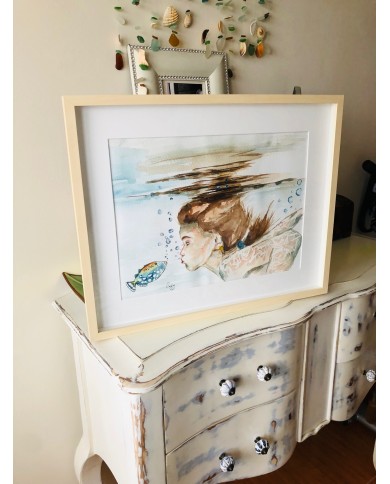 Ilustración pintada con acuarela y cristal marino